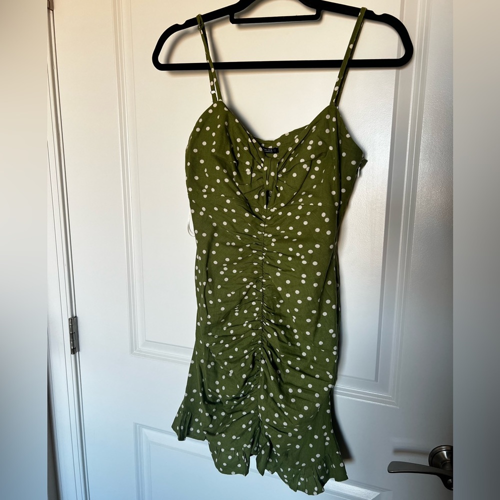 Zara - Green Polka Dot Ruched Mini Dress